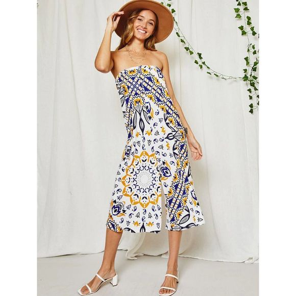 Royal Blue Tube Boho Print Tube Jumpsuit - Picture 1 of 4